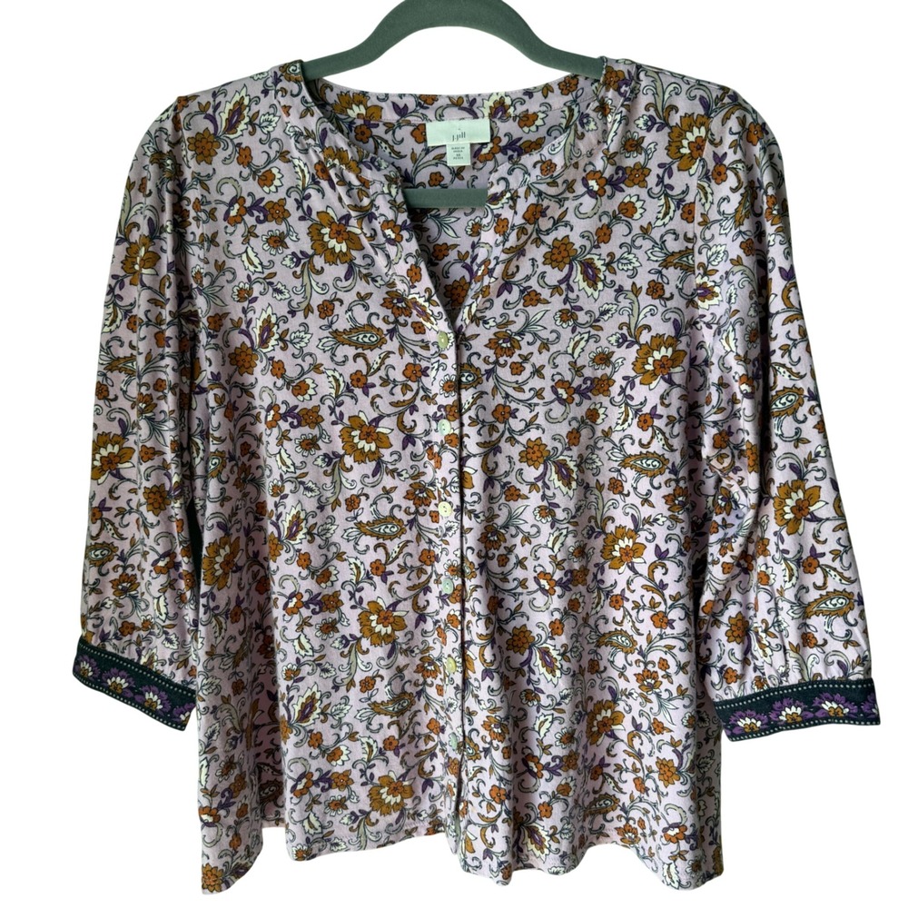 J. Jill Petite Floral Paisley Print Top Peasant Boho Pink Purple 3/4 Sleeve XSP
